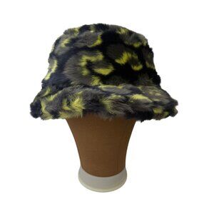NWOT Sundae School Faux Fur Bucket Hat Kushmas Smoking Yellow Grey Leopard OS